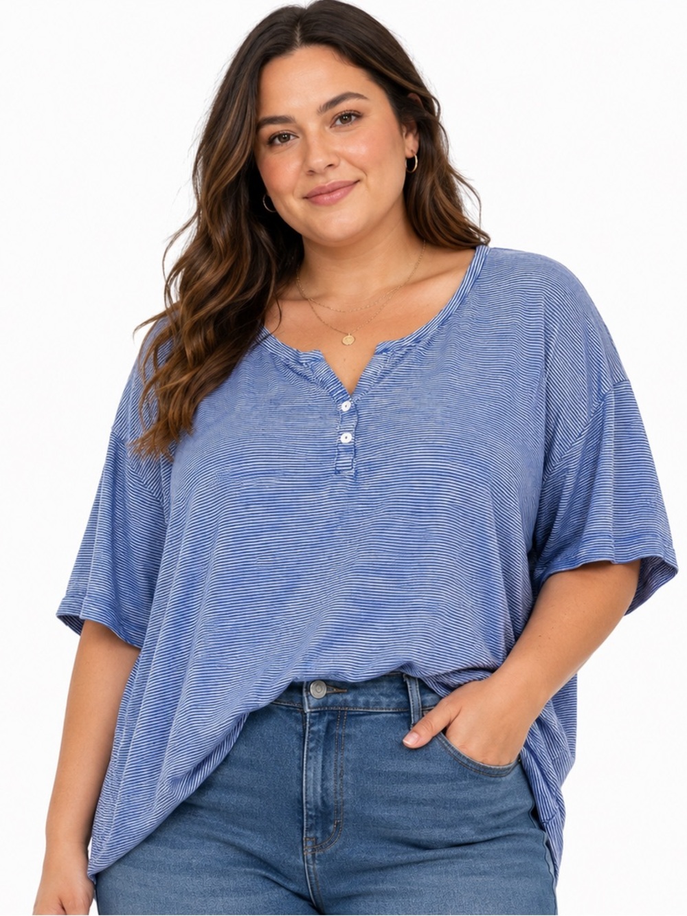 Ulla Popken Blue White Striped Henley Top Plus Size 20/22 Everyday Comfy Casual